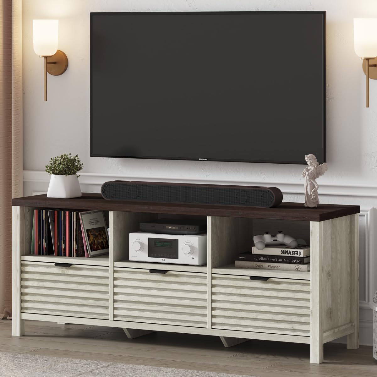 BON AUGURE TV Stand, Fluted Modern Media Console for 65 55 50 in TVs, Farmhouse Wood Entertainment Center with Storage Drawers for Living Room,Bedroom (Walnut Washed Grey)
