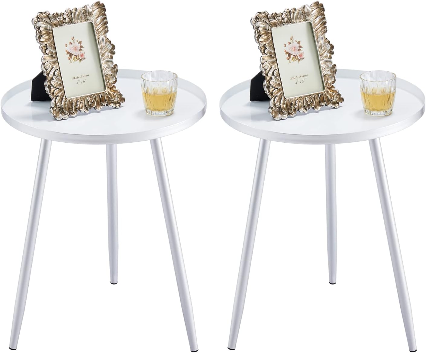 Apicizon 16" Round Side Table Set of 2, Silver Metal End Table for Living Room, Bedside, Mid Century Modern Coffee Table or Circle Accent Table for Small Spaces, Silver and White