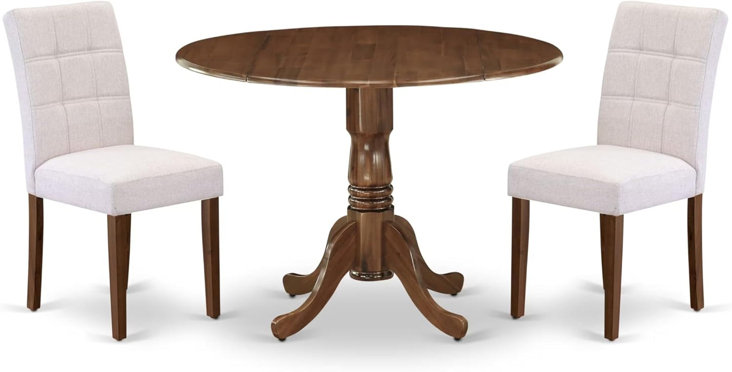 East West Furniture DLAS3-AWA-08 3 Piece Dinner Table Set Includes A Mid Century Modern Table and 2 Mist Beige Polyester Fabric Dinning Chairs, Antique Walnut