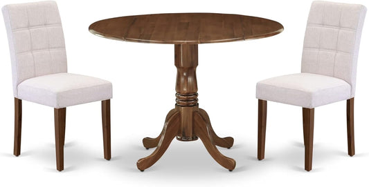 East West Furniture DLAS3-AWA-08 3 Piece Dinner Table Set Includes A Mid Century Modern Table and 2 Mist Beige Polyester Fabric Dinning Chairs, Antique Walnut