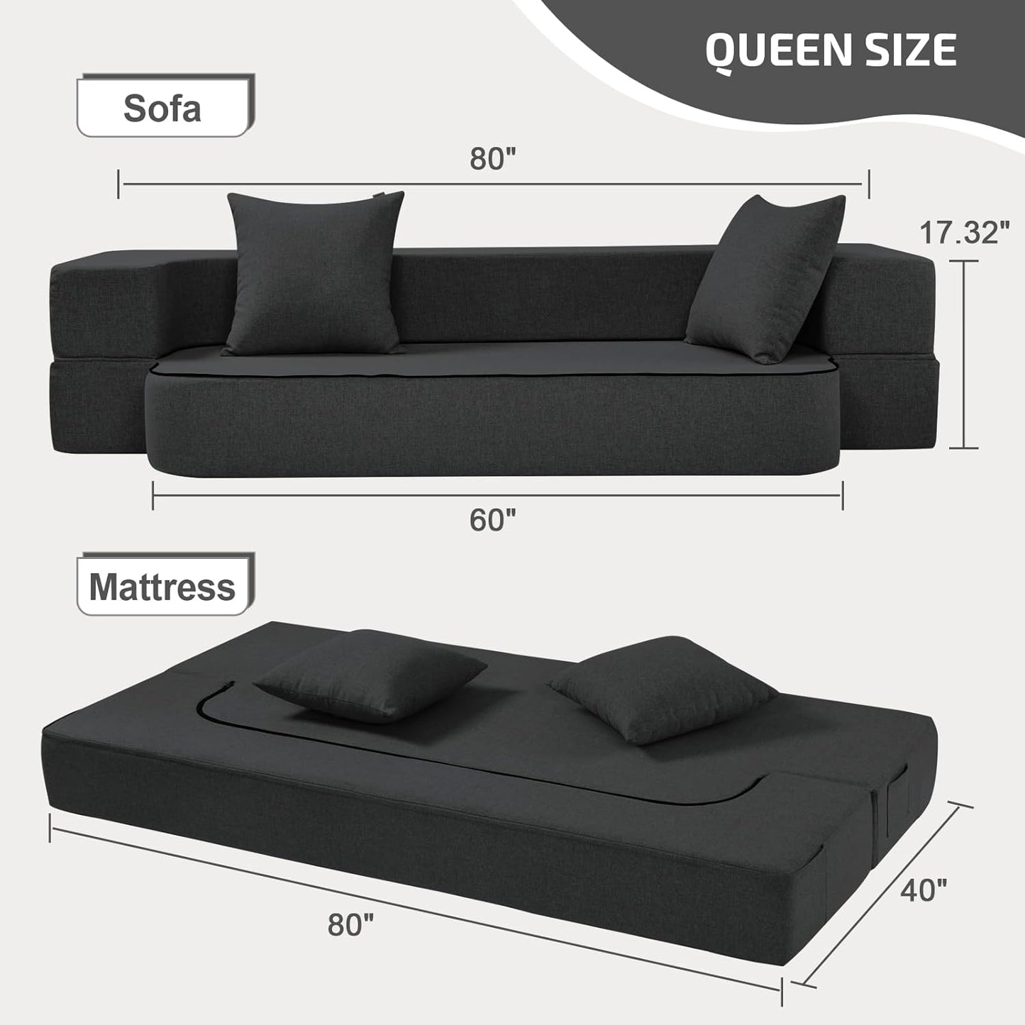 2-in-1 Folding Sofa Bed with Pillows - Folding Chair Floor Couch & Sleeping Mattress - Washable Cover & Memory Foam Sleeper Chair for Living Room/Guest Room/Apartment/Loft, Dark Gray, Twin XL