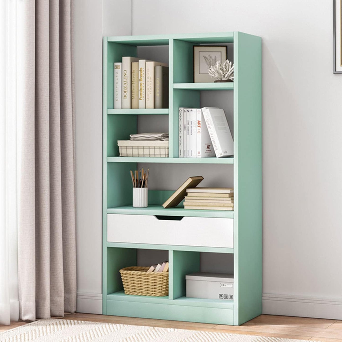 IOTXY Wooden Open Shelf Bookcase - 51 Inches Height Freestanding Display Storage Cabinet Organizer with 7 Cubes and a Drawer, Floor Standing Bookshelf in Tiffany-Green