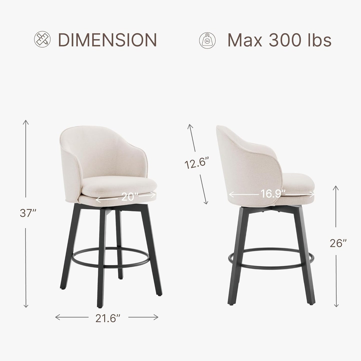 Counter Height Barstools 26 inch Upholstered Swivel Bar Stools with Back and Wood Legs for Kitchen Island,Set of 2,Beige Fabric