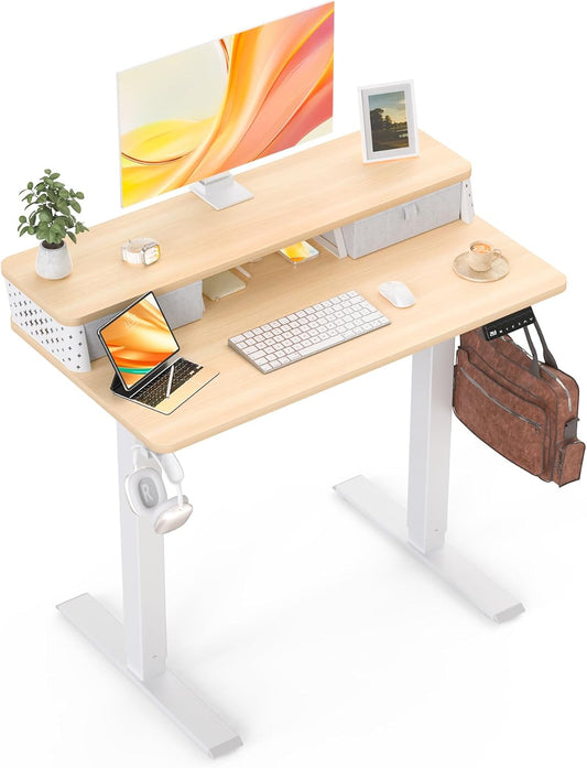 Small Standing Desk with Drawers and Brushless Motor,Electric Sit Stand Desk for Walking Pad,Ergonomic Stand Up Desk for Home Office & Gaming,3 Memory Height Preset & Hooks(35" x 20", Oak)