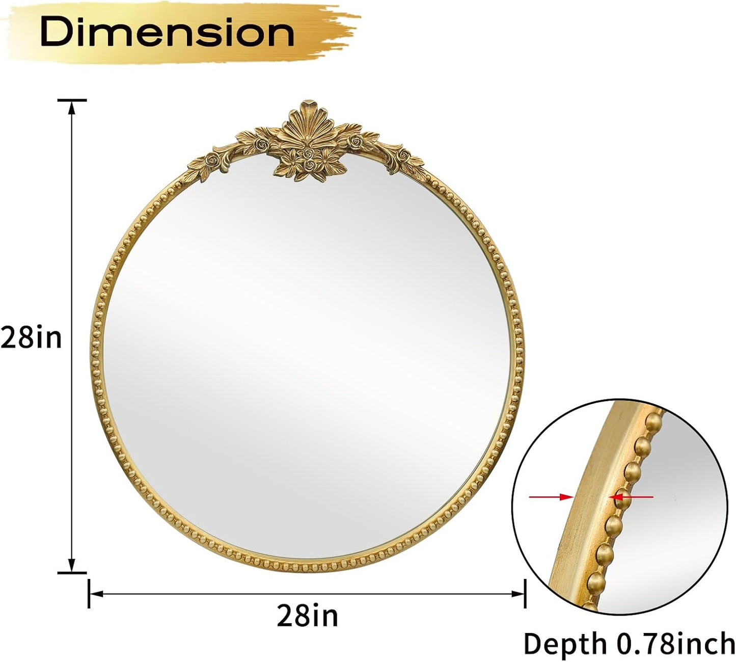 Round Gold Mirror,28inch Baroque Style Vintage Decorative Circle Wall Mirror for Living Room, Bedroom, Bathroom, and Entryway,Antique Gold