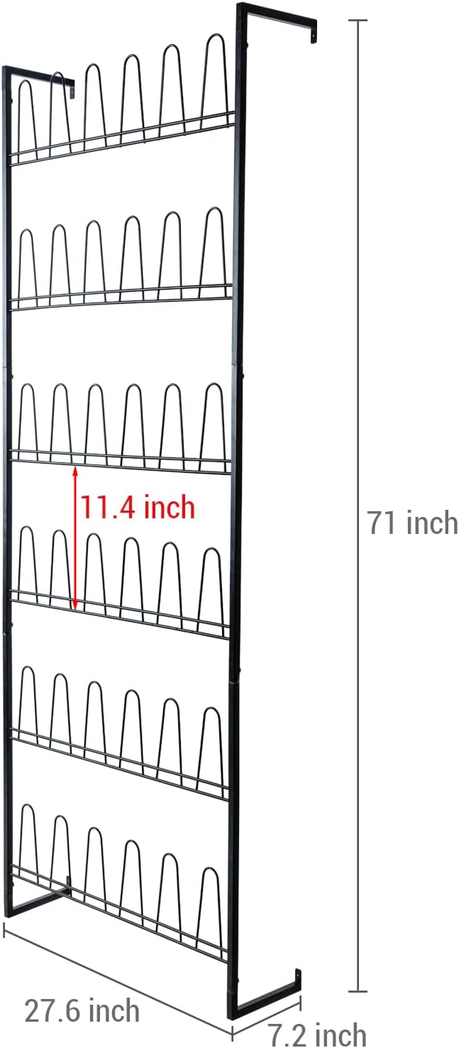 MyGift 70 Inch Black Metal Shoe Organizer for Entryway, Wall Mounted Shoe Rack for Closet with 36 Hooks, Holds up to 18 Pair