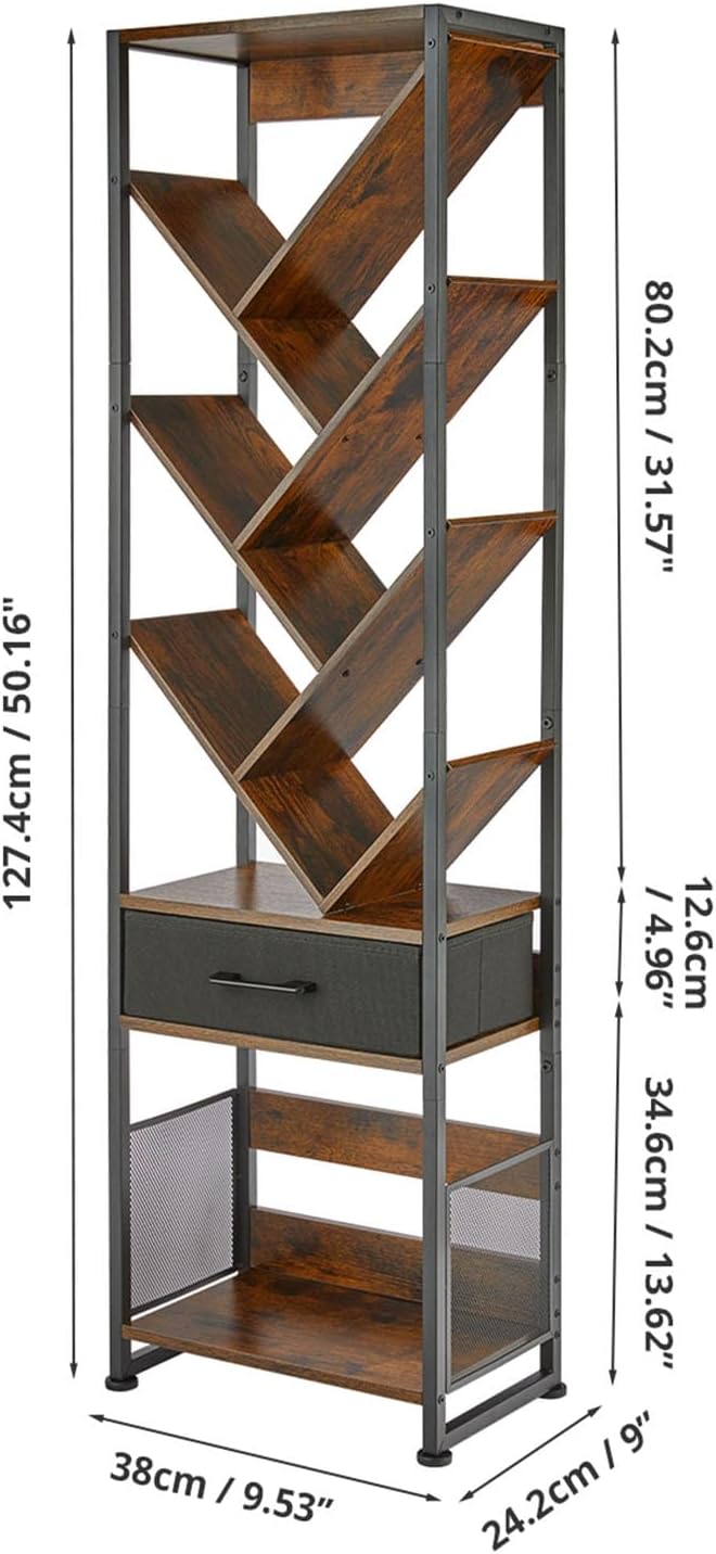 Bookshelf with Drawer,10 Tier Tree Bookcase Retro Floor Standing Bookshelves,Tall Wood Bookcases with Cabinet Storage Organizer for Living Room, Bedroom & Home Office, Classic
