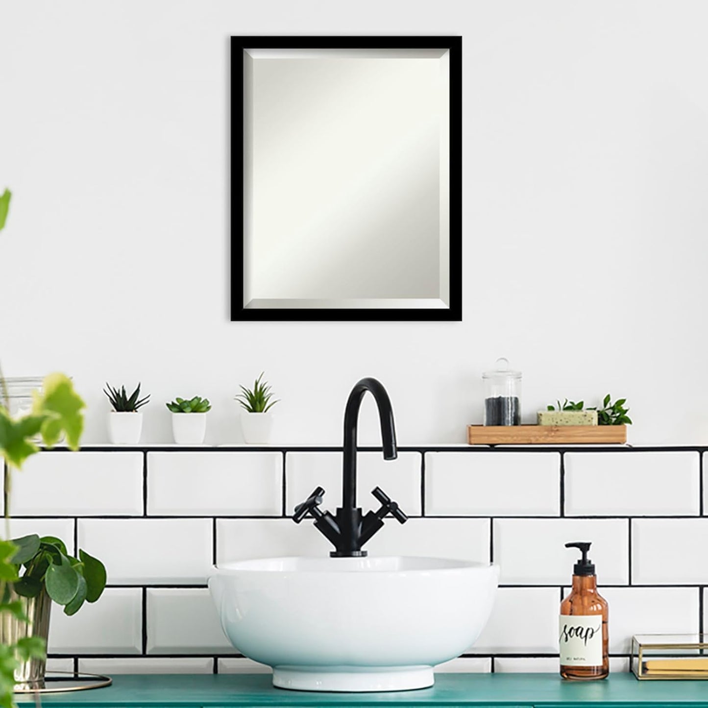 Amanti Art Black Bathroom Mirror for Over Sink, 22x18 Jet Black Rectangle Vanity Mirror, Small Modern Contemporary Frame, Hangs Horizonally and Vertically, Bathroom Wall Decor, Beveled Edge