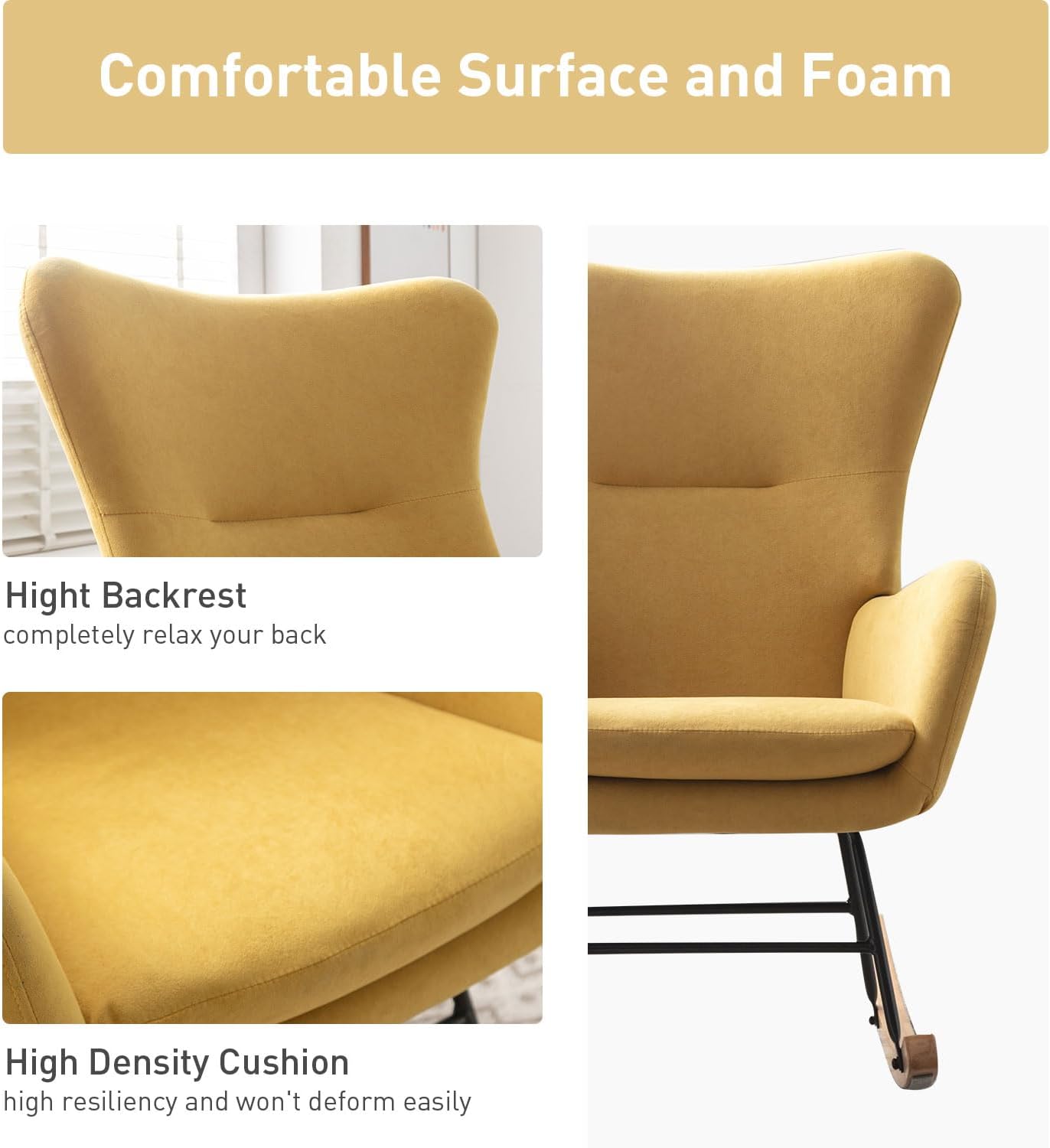 Phoenix Home Rocking Chair Nursery Velvet Upholstered Glider Rocker Rocking Accent Chair Padded Seat with High Backrest Armchair Comfy Side Chair for Living Room Bedroom Offices, Yellow