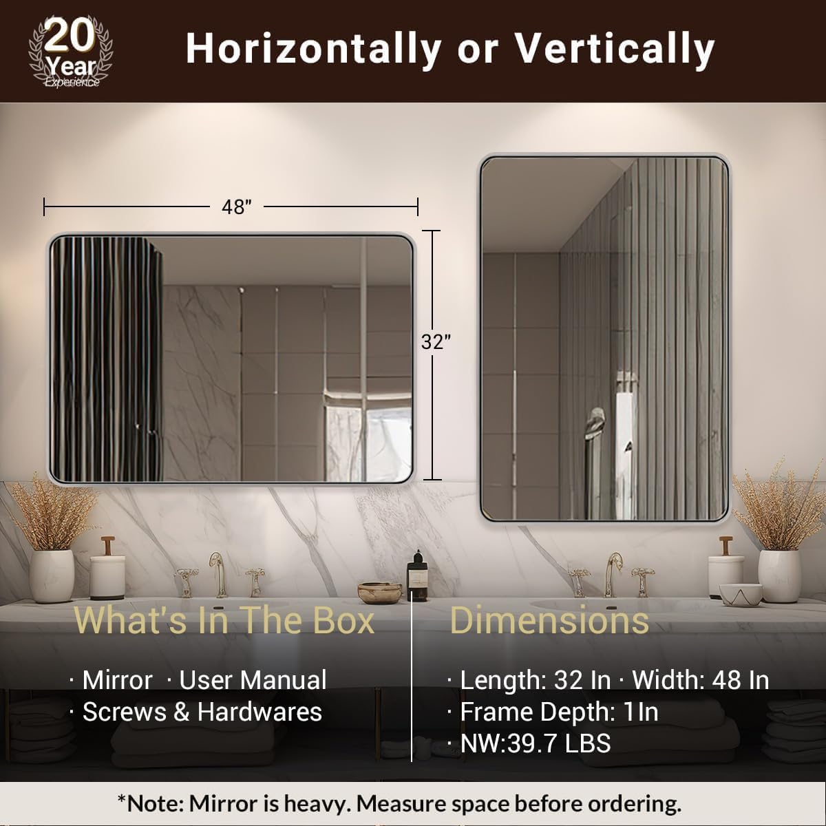 ANDY STAR 48x32 Inch Chrome Bathroom Mirror, Chrome Bathroom Vanity Mirror, Rounded Rectangle Mirror, Anti-Rust SUS304, Seamless Tube Metal Frame, 1’’ Deep Wall Mounted Vertically/Horizontal