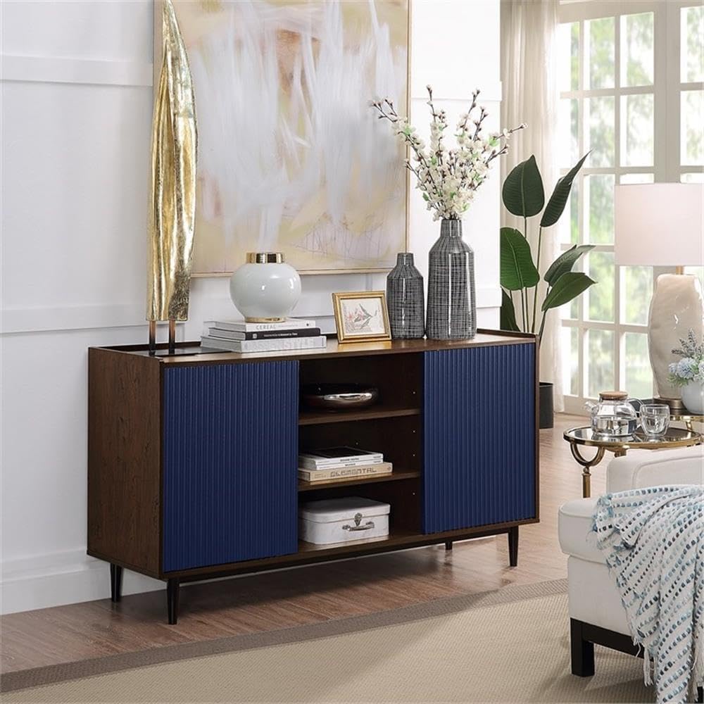 Manhattan Comfort Duane 59-Inch Ribbed Mid Century Modern Sideboard, Versatile Dining & Living Room Buffet Table with 3 Adjustable Center Shelves & 2 Side Cabinets, Navy Blue