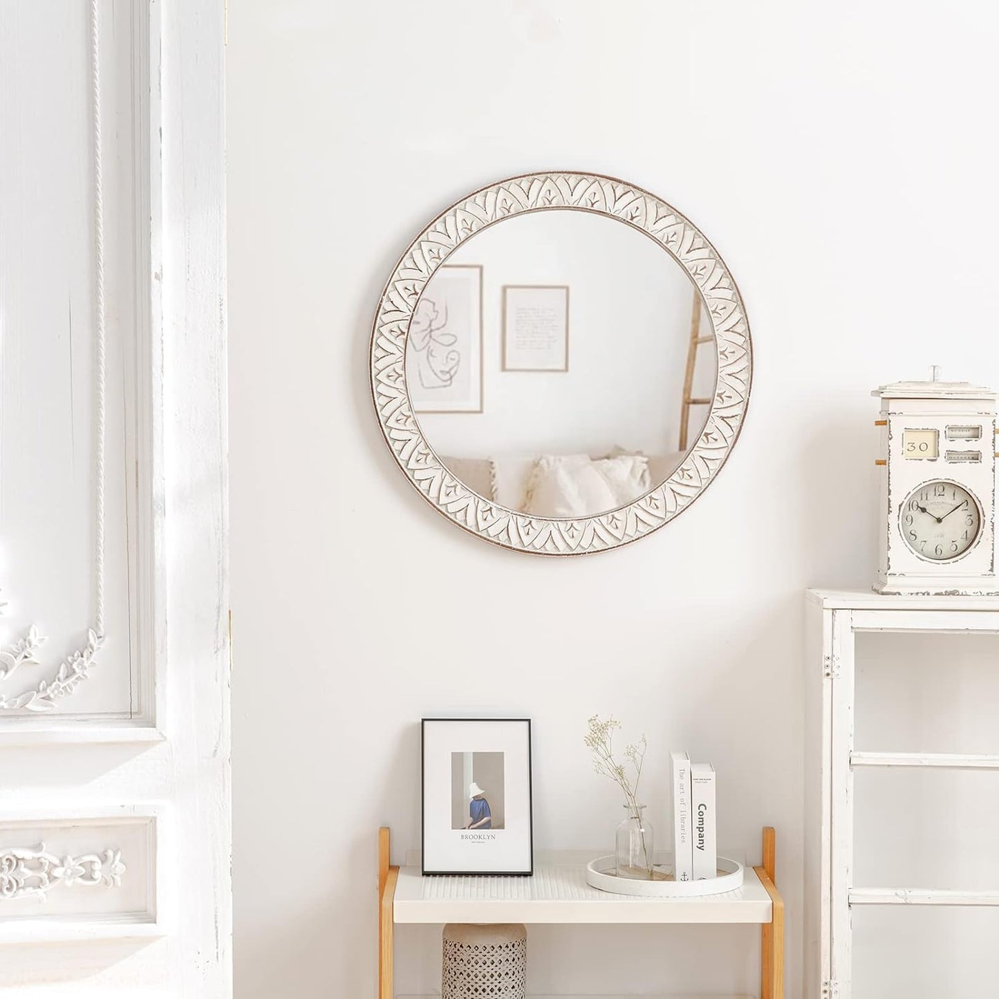 30" Round Wall Mirror, Farmhouse Wooden Frame Circle Mirrors, Rustic Large Decorative Wall Mounted Bathroom Mirror Distressed Hanging Mirrors for Living Room, Bedroom, Entryway, Fireplace, Hall