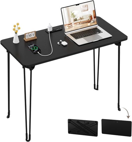Folding Desk, 31.5" Hairpin Legs Small Desk with Power Strip for Bedroom, Space Saving Foldable Computer Desk for Home Office, No Assembly Need, Black