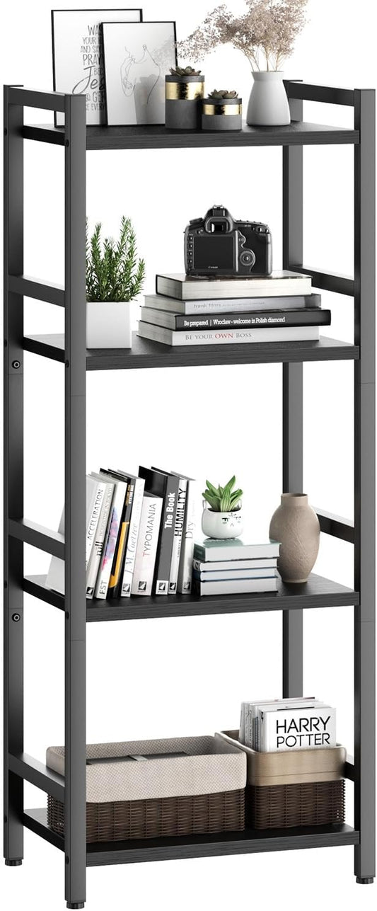 Book Shelf, 4 Tier Bookcase with Steel Frame, Stable Bookshelf Narrow Book Shelves Storage Organizer for Book CD Movie, Open Book Shelves for Living Room, Home Office, Study, Black