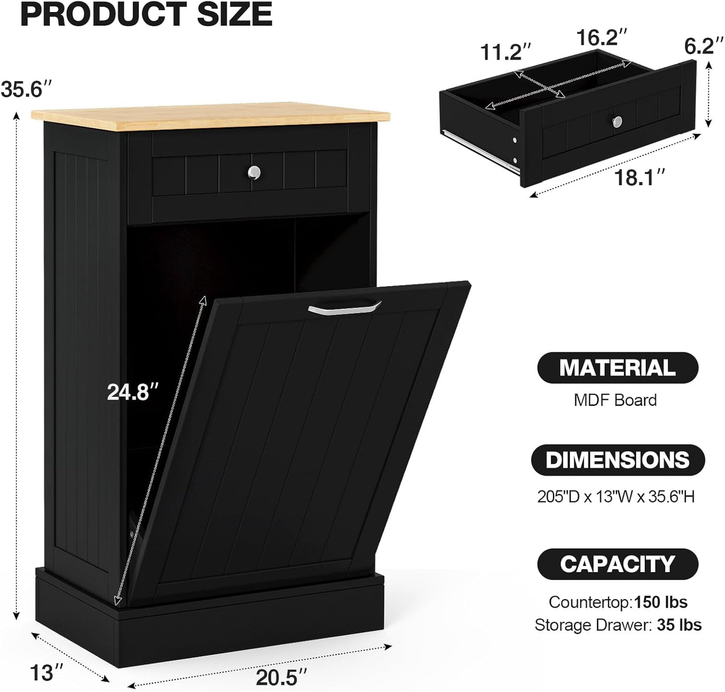 GAZHOME 10 Gallon Tilt Out Trash Cabinet, Upgrade Wooden Free Standing Recyclin Trash Cabinet with Hideaway Drawer(Black)