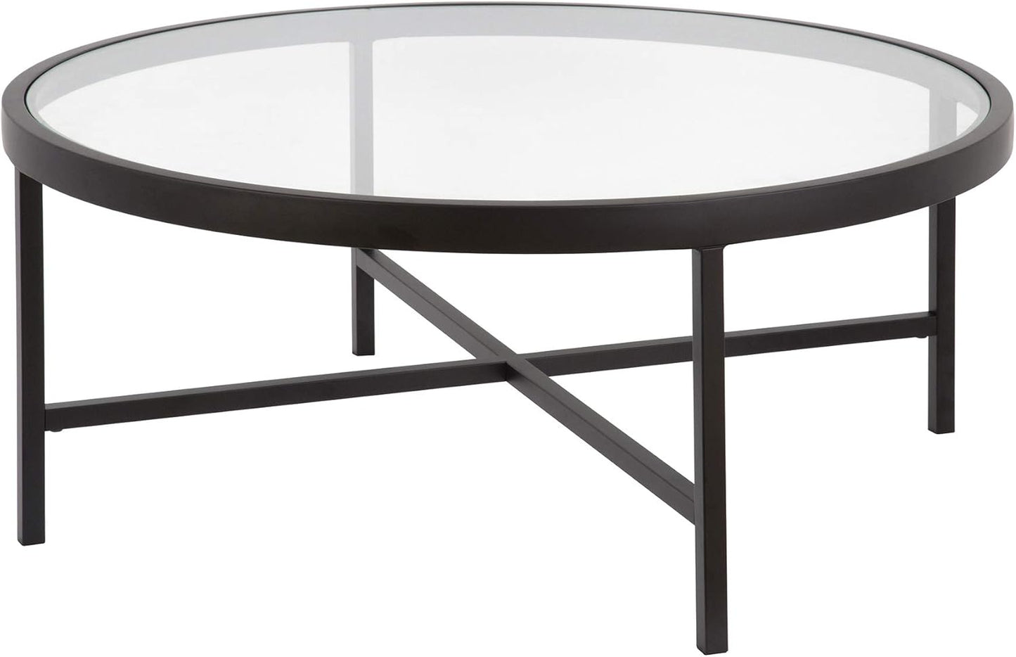 Henn&Hart 36" Wide Round Coffee Table with Glass Top in Blackened Bronze, Modern coffee tables for living room, studio apartment essentials