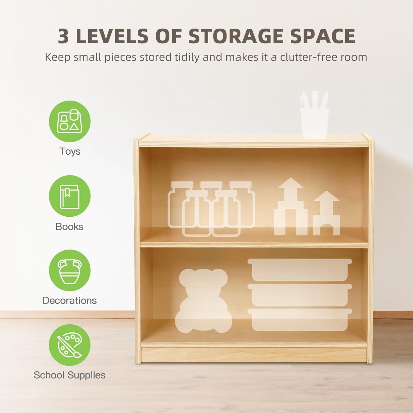 OOOK Montessori Toy Shelf, Kids Bookshelf and Toy Storage, Small Bookshelf for Kids, 2-Tier Wooden Storage Shelves for Classroom, Kindergarten, Kids Room, Playroom, Daycare Center and More