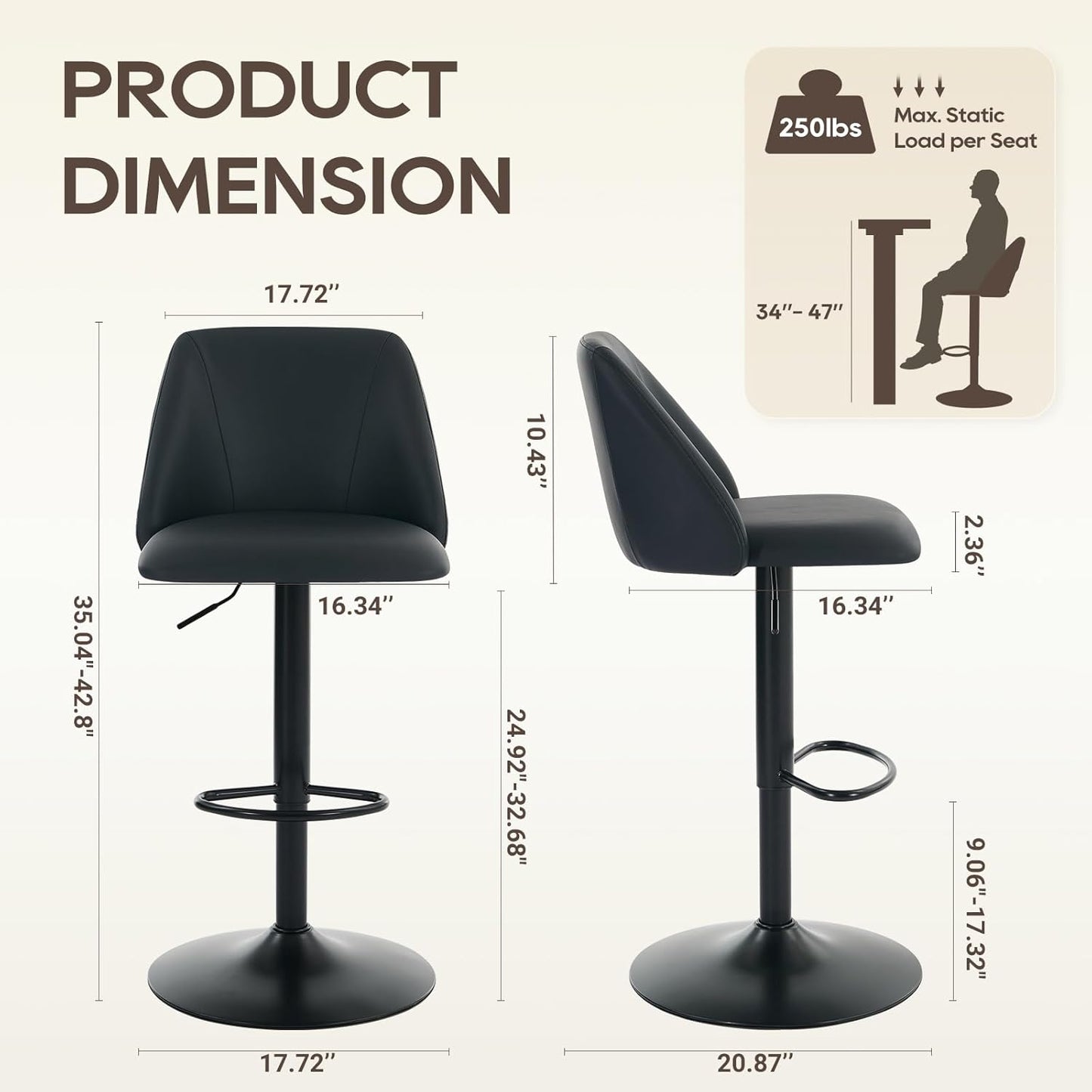 COLAMY Bar Stools Set of 3, Modern Swivel Bar Chairs, Adjustable PU Leather Upholstered Barstools Counter Height with Full Backrest for Bar, Dining Room, Kitchen Island, Black