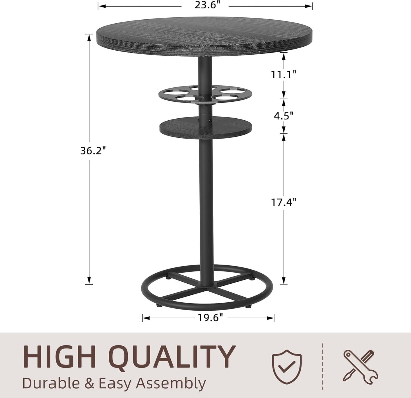 VECELO 36” High Top Bar Table, Sturdy Frame with Metal Base for Cocktail, Pub, Easy Assembly, Matte Black