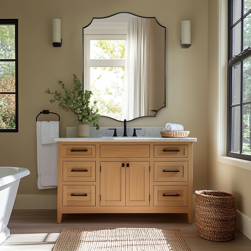 ANDY STAR Bathroom Mirror, 28x36 Inch Matte Black Vanity Mirror, Unique Rectangle Mirror with Sophisticated Curved Design, Ideal for Bathroom Remodel (Vertical or Horizontal)