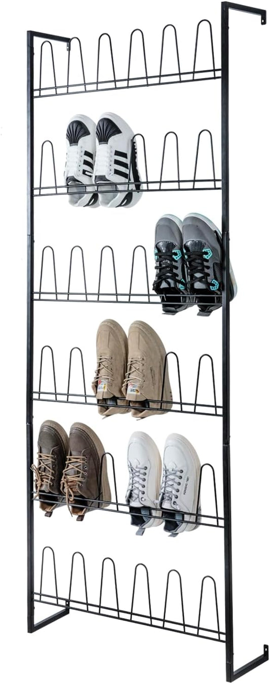 MyGift 70 Inch Black Metal Shoe Organizer for Entryway, Wall Mounted Shoe Rack for Closet with 36 Hooks, Holds up to 18 Pair