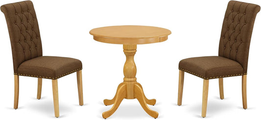 East West Furniture ESBR3-OAK-18 3 Piece Kitchen Table & Chairs Set Contains a Round Dining Room Table with Pedestal and 2 Brown Linen Linen Fabric Parsons Chairs, 30x30 Inch, Oak