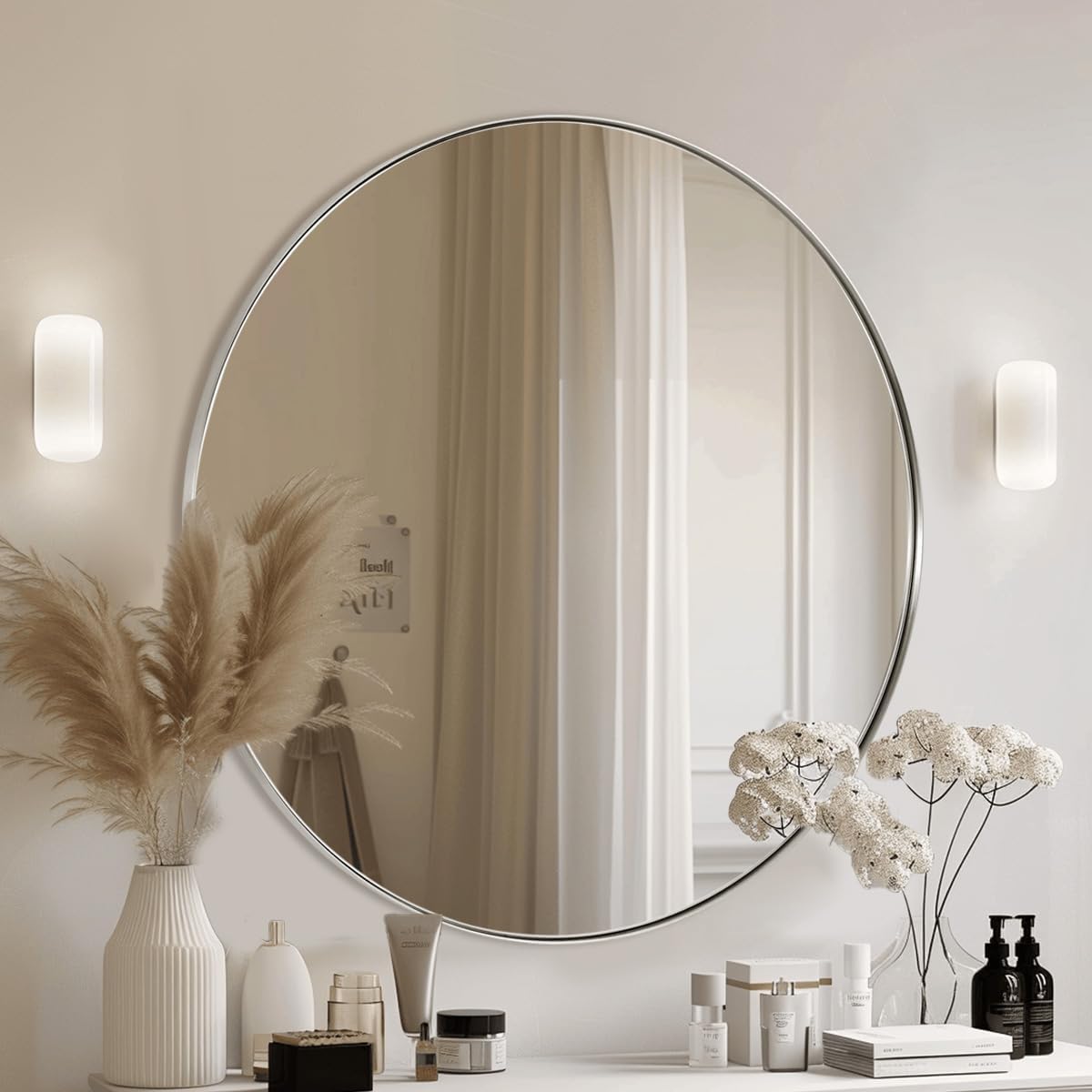 ANDY STAR Round Bathroom Mirror, 24’’ Polished Chrome Round Bathroom Mirrors in Stainless Steel Metal Frame 1" Deep Set Design 7