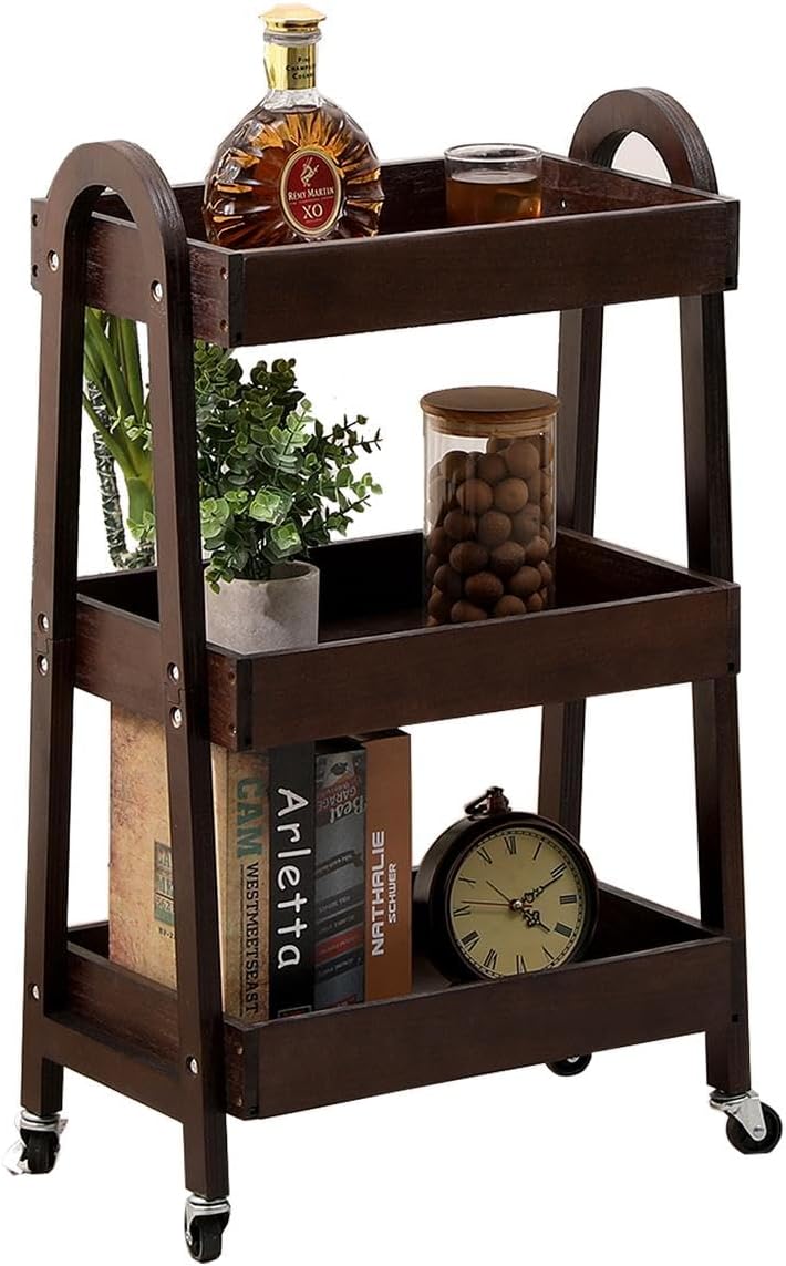 3 Tier Rolling Craft Cart Slim Rolling Storage Cart Wooden Cart on Wheels Bathroom Organizer Rolling Utility Cart Mobile Shelving Unit for Kitchen Bathroom Laundry Narrow Places (Black)