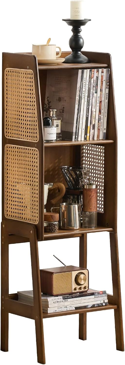 Welnow Bamboo Rattan Bookcase with Cabinet, 2-Tier Storage Shelf with Side Table & End Table Function, Large Modern Wood Organizer for Living Room or Bedroom, Walnut Bookshelf