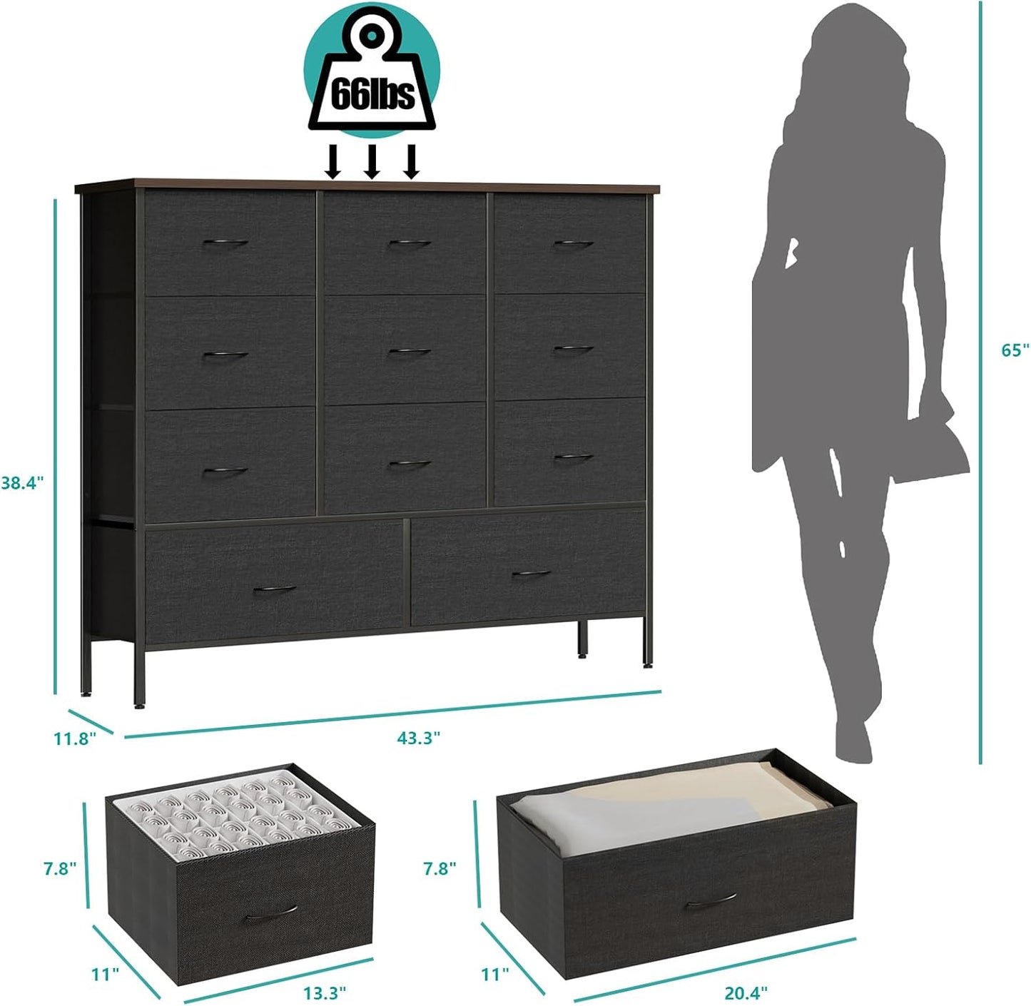 43.3" Wide Fabric Dresser for Bedroom, Chest of Drawers with 11 Deep Drawers, Multi-Drawers TV Stand TV Console, Storage Organizer for Closet, Nursery (Black)