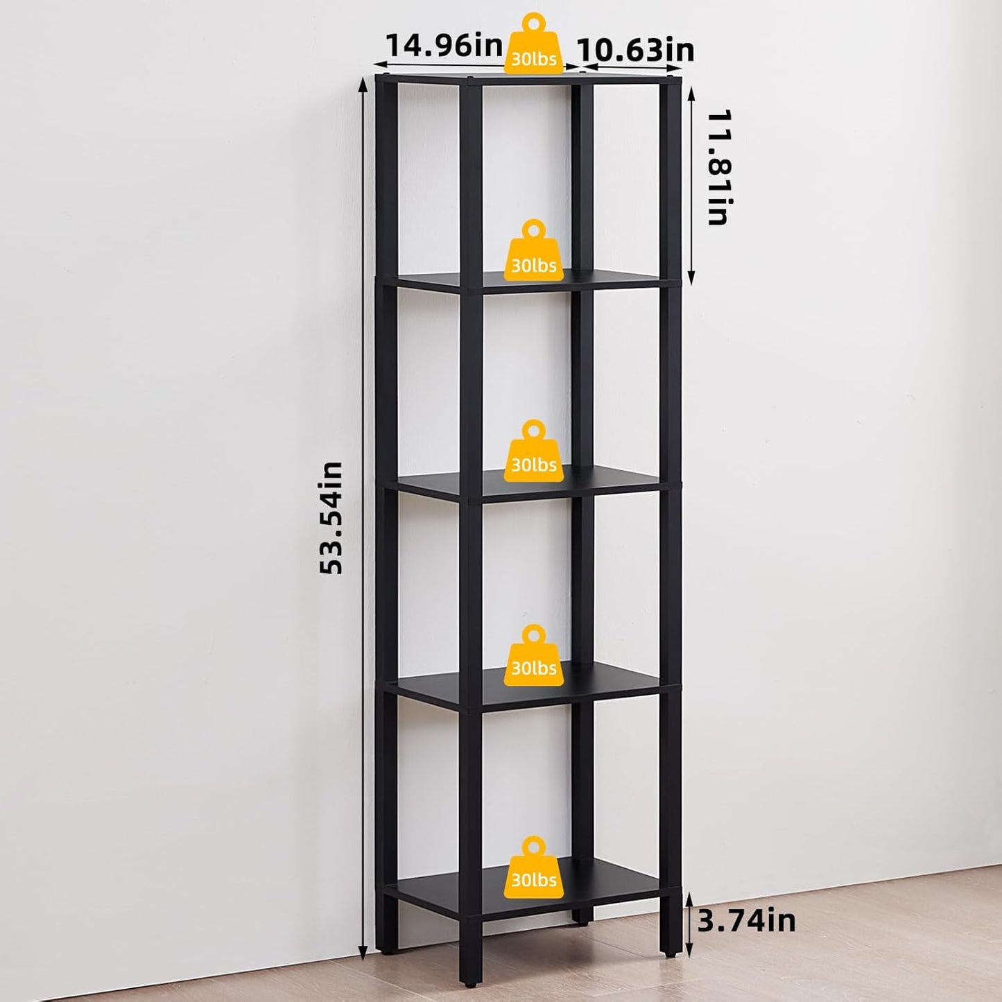54in Tall Bookshelf 5-Tier Small Narrow Bookcase, Skinny Book Shelf for Small Space, Farmhouse Slim Shelf with Storage, Wood Freestanding Display Thin Bookshelves for Living Room, Office, Black