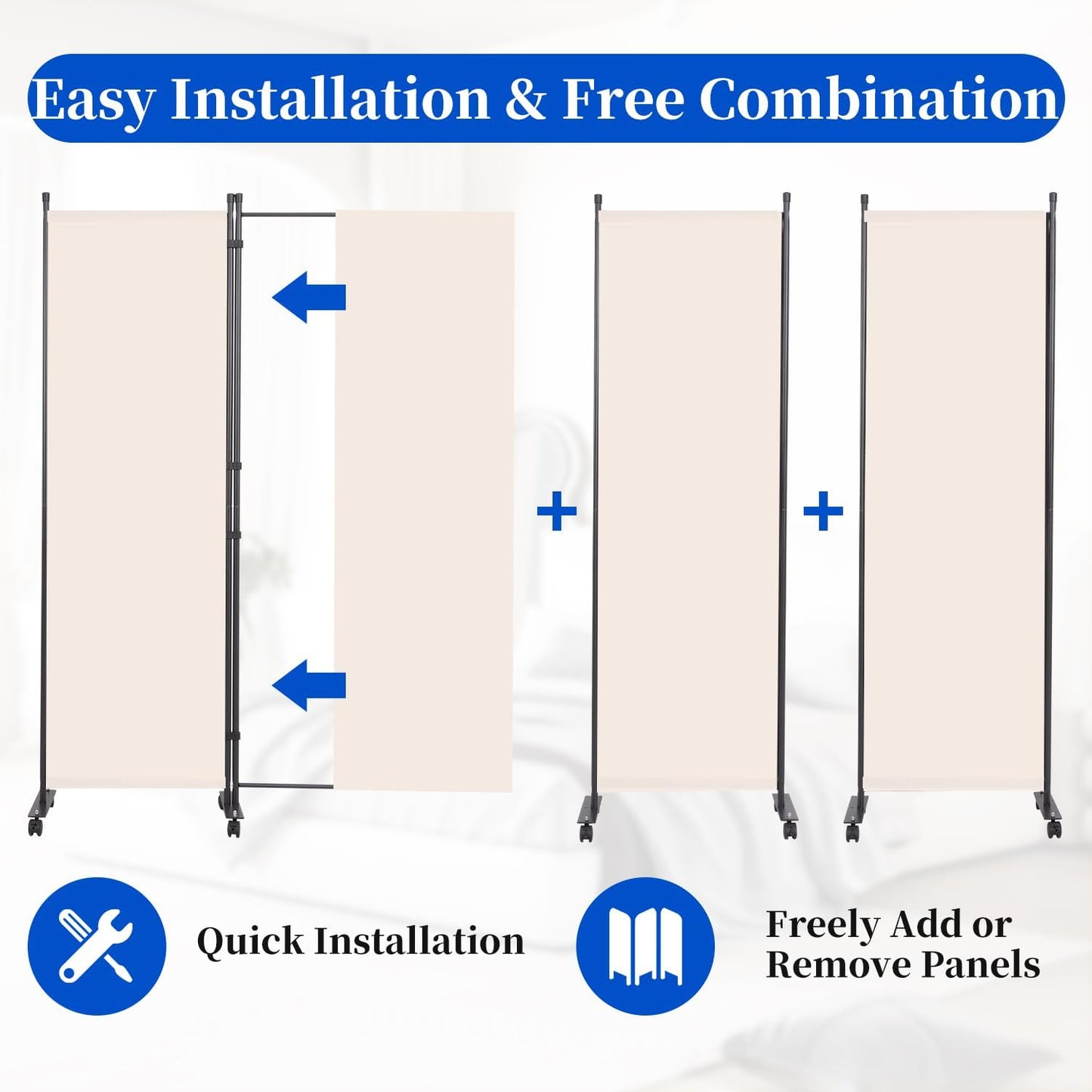 Room Divider 6FT Room Partition with Lockable Wheels, (Thicked Metal Base) Room Dividers, Freestanding Indoor Folding Privacy Screens, Portable Fabric Wall Divider for Separation, Beige