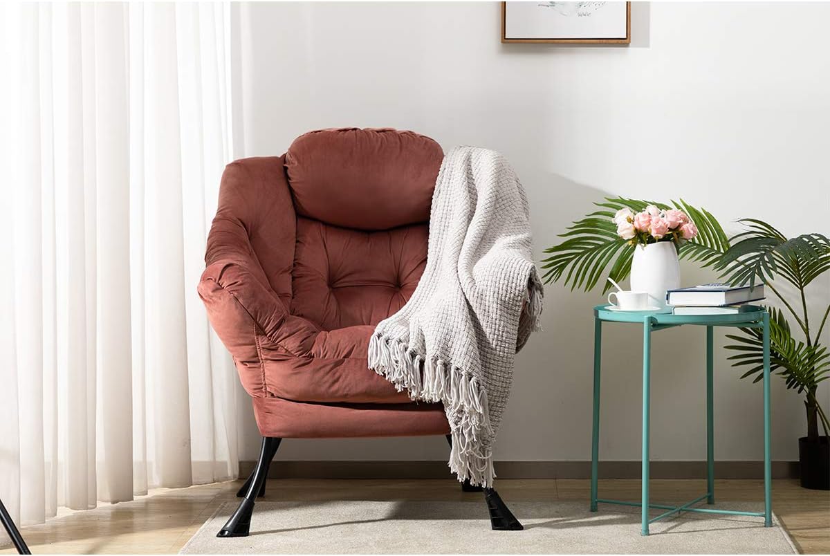 HollyHOME Modern Fabric Large Lazy Chair, Accent Oversized Comfy Reading Chair, Thick Padded Cozy Lounge Chair with Armrest, Steel Frame Leisure Sofa Chair for Living Room, Bedroom, Dorm, Dusty Rose