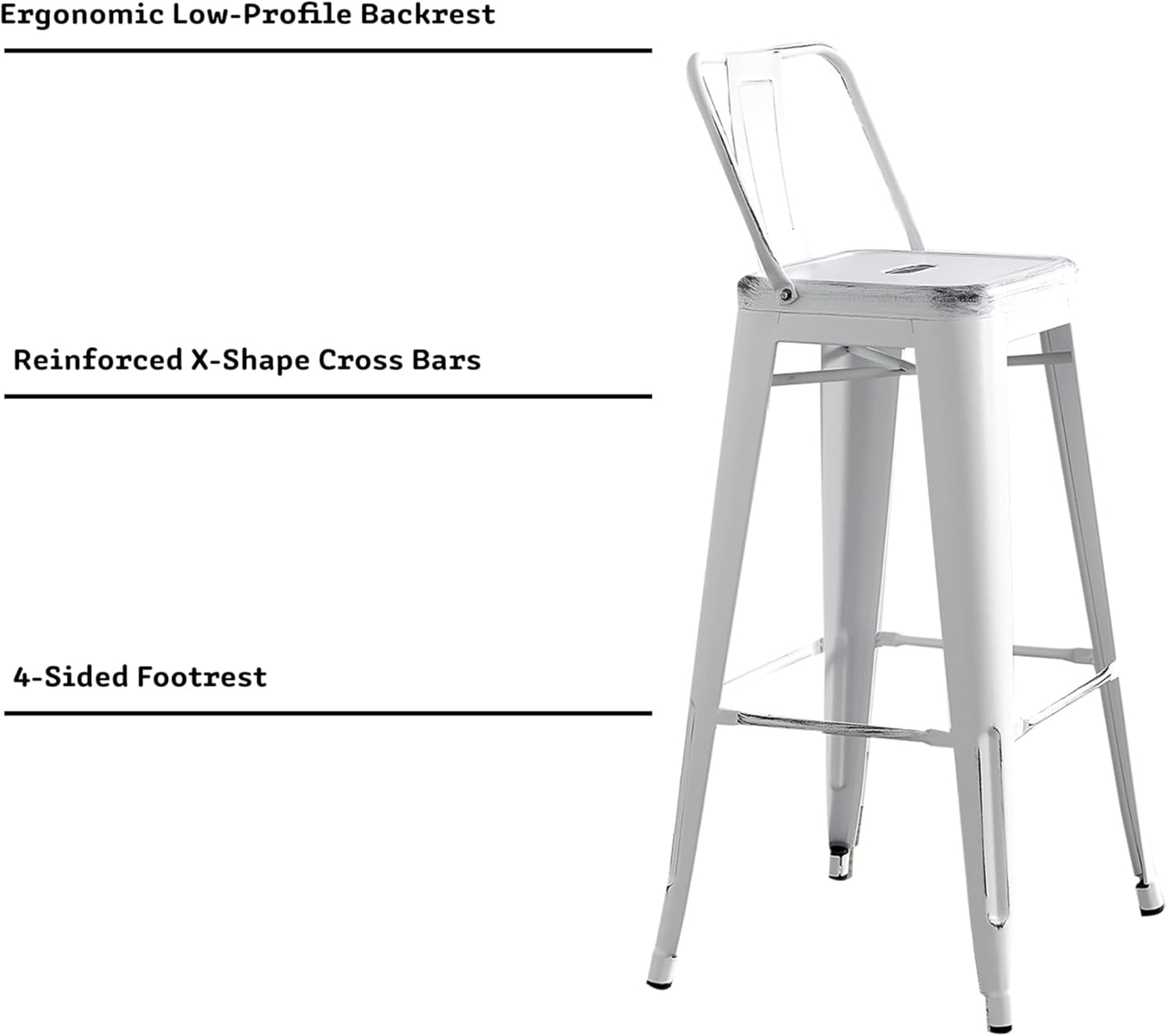 AC Pacific 30” Metal Barstool Set of 2 – Country Rustic Style with Low Back, Lightweight & Sturdy Build, Easy Assembly – Distressed Snow White