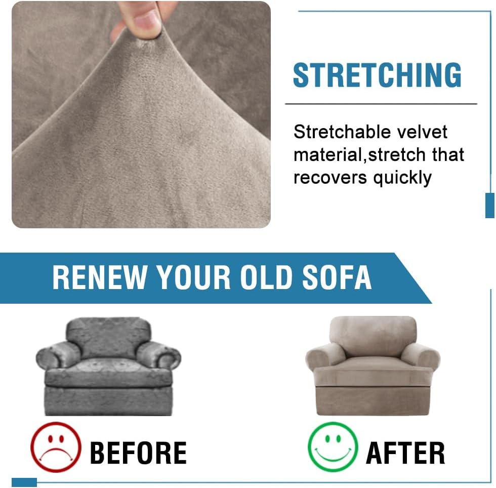 H.VERSAILTEX Sofa Cover 2 Piece Armchair Slipcovers Thick Velvet Couch Cover Furniture Protector Stretch Sofa Covers for 1 Cushion Couch with 1 Individual T Cushion Covers Washable, Taupe