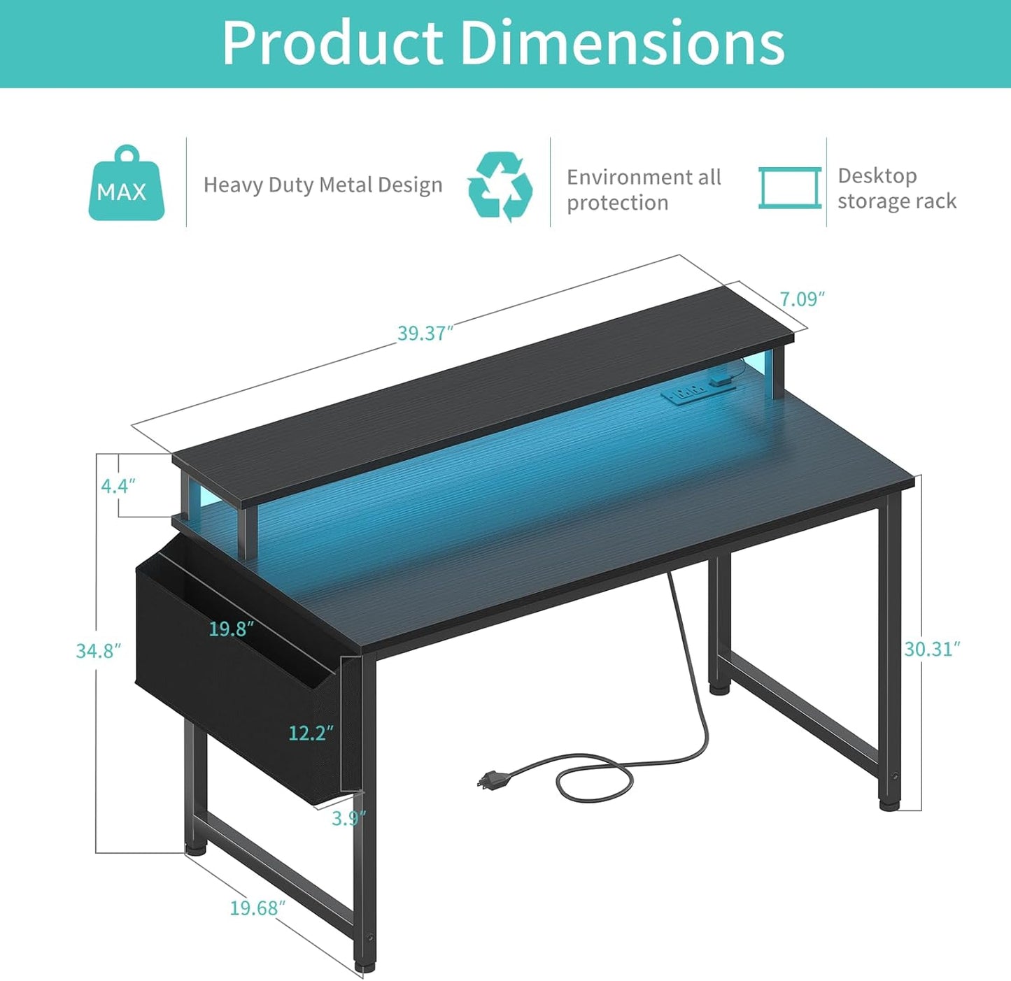 Lufeiya Black Gaming Desk with LED Lights and Power Outlets, 40 Inch Teen Writing Study Table Home Office Desks with Monitor Stand, Computer Desk with Charging Station USB Port, Black