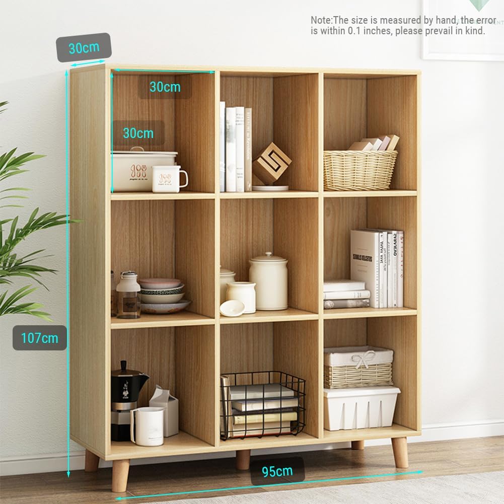 IOTXY Open Cube Low Bookcase - 3-Tier Freestanding Storage Display Cabinet Organizer with Legs for Home Office, 9-Cubes Open Shelf Short Bookshelf, Oak