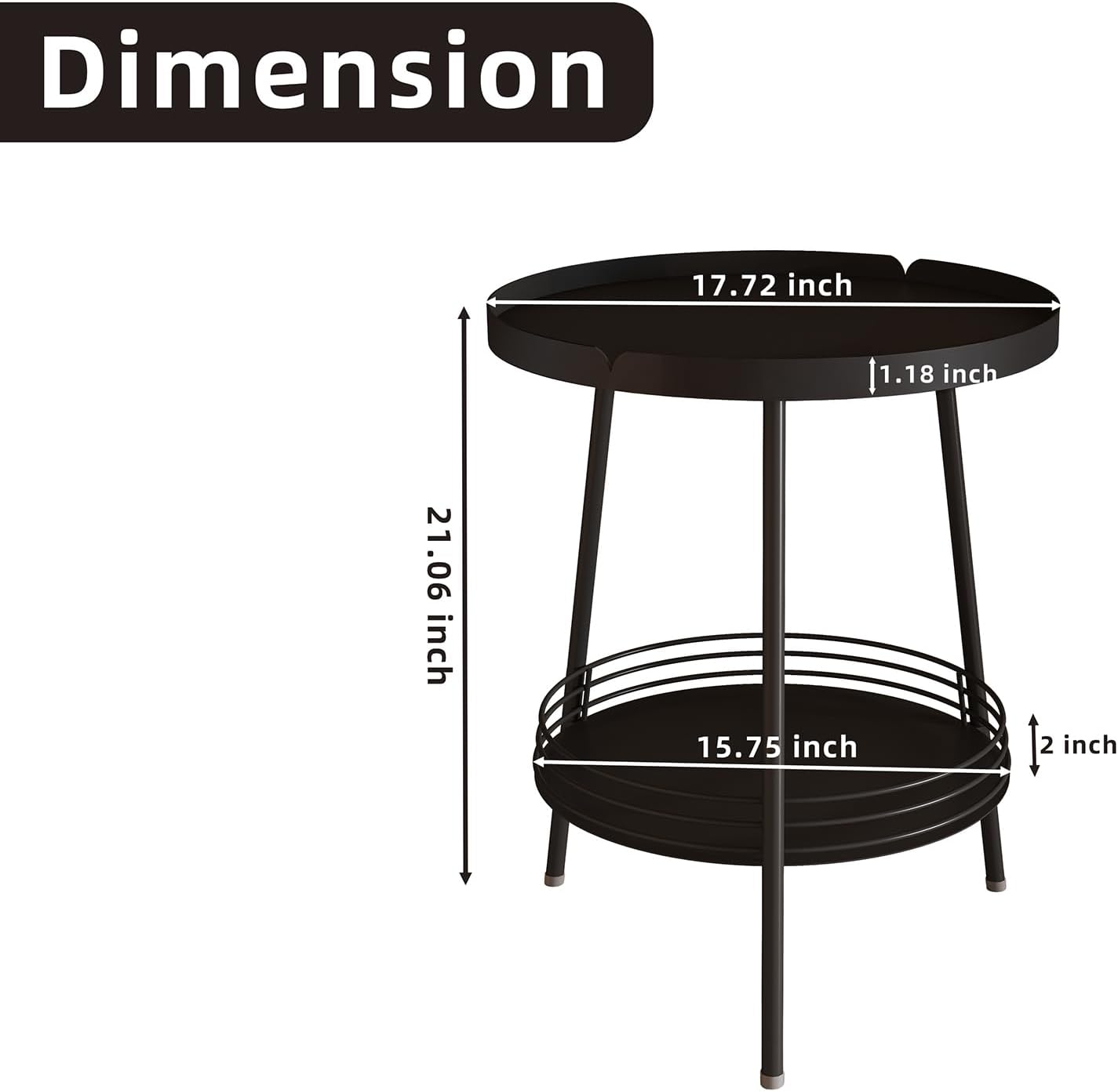 Benkyo 2 Tier Black Metal Round Side Table Tiered Two Shelf Storage Coffee Sofa End Table for Living Room and Bedroom,Black