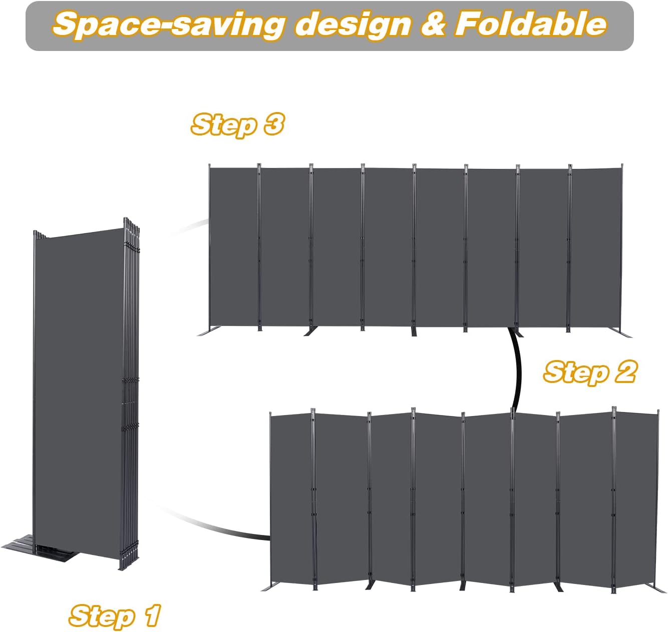 Room Divider, 8 Panel Folding Privacy Screens with Wider Support Feet, 6 Ft Portable Room Partition for Room Separator, 176" W X 71" H, Grey