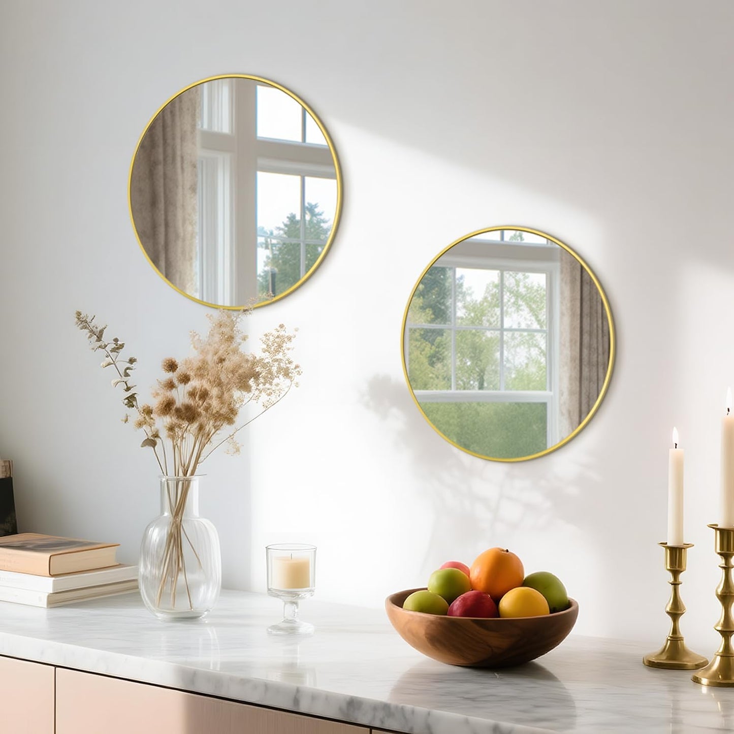 12 Inch Gold Round Bathroom Mirror Circle Wall Mirrors Brushed Metal Frame Anti-Rust Tempered Glass Mirror for Bathroom Bedroom Entryway Living Room