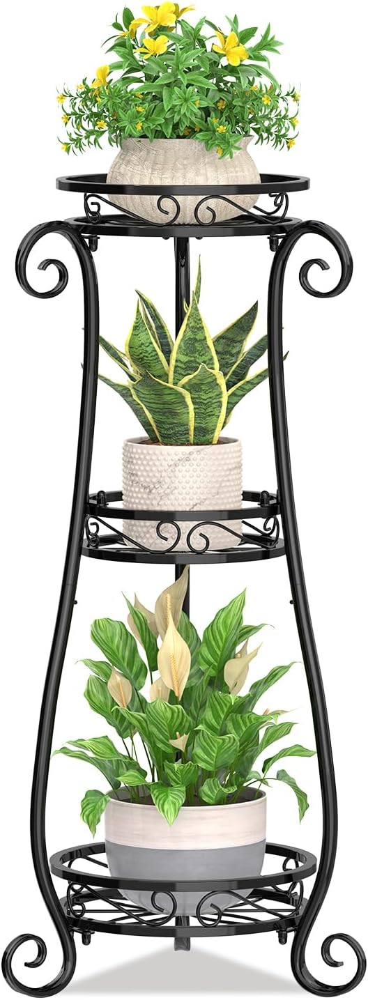 KMOTASUO 3 Tier Metal Plant Stand Indoor, 34 Inch Tall Corner Plant Stands for Indoor Plants, Flower Pot Holder Shelf Display Rack for Balcony Garden Patio Living Room(Black)