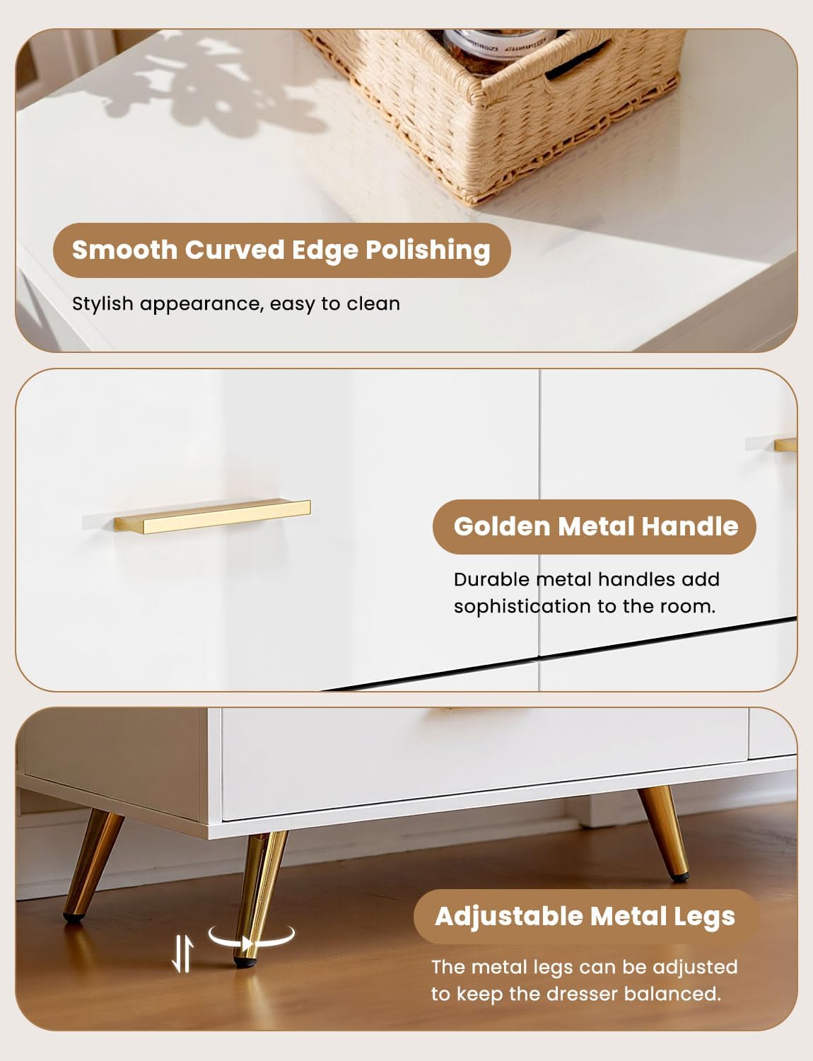 7 Drawer Dresser for Bedroom - White & Gold Chest of Drawers, High Gloss MDF Organizer Storage with Drawers with Golden Handles, Wide Storage Dresser for Bedroom