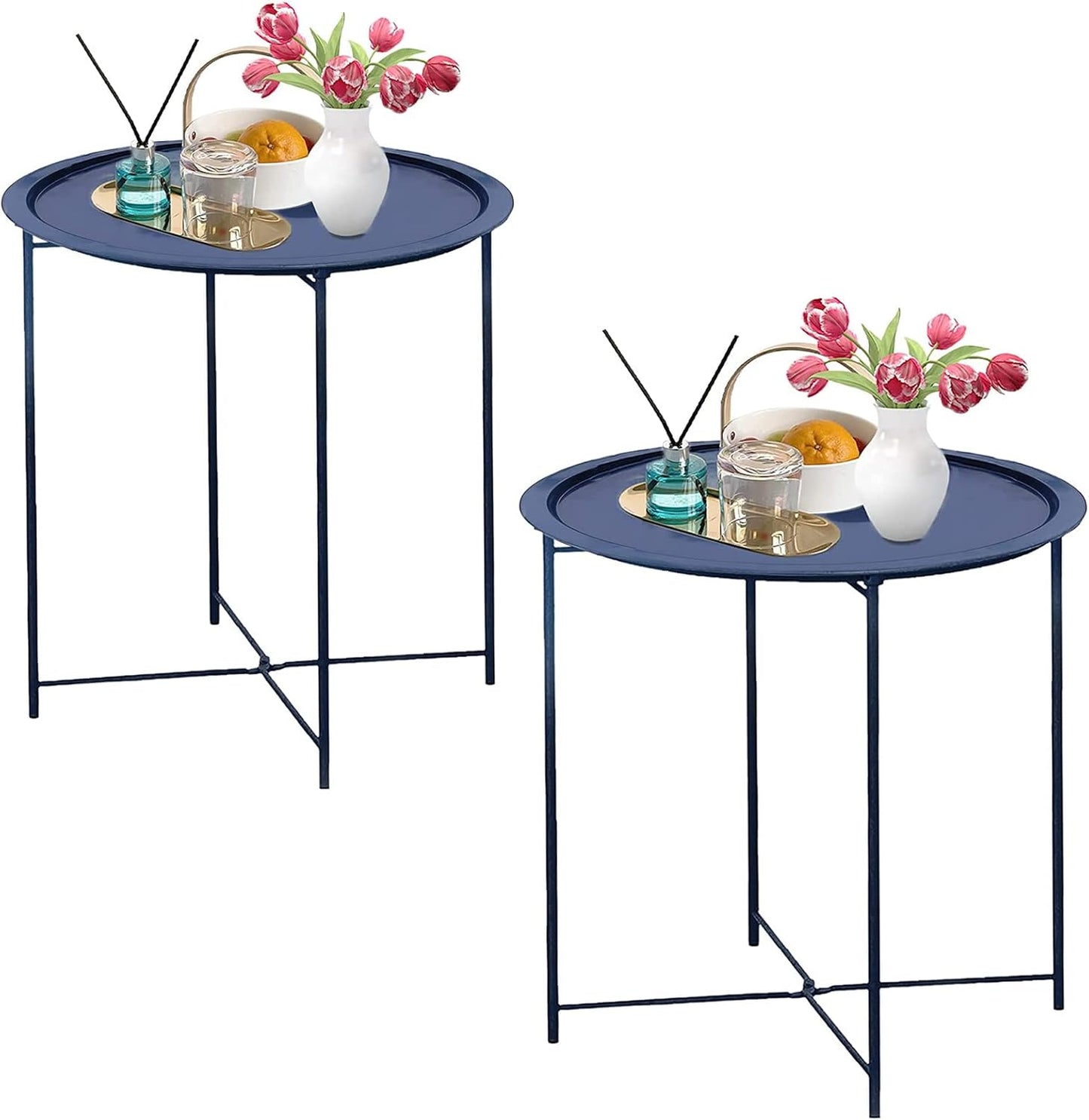 Garden 4 you End Table 2 PCS Metal Side Table Dark Blue Round Folding Tray Cyan Sofa Small Accent Fold-able Table, Round End Table Tray, Next to Sofa Table, Snack Table for Living Room and Bed Room