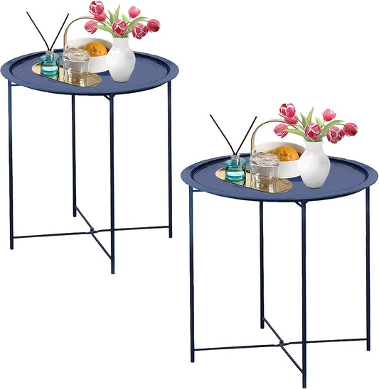 Garden 4 you End Table 2 PCS Metal Side Table Dark Blue Round Folding Tray Cyan Sofa Small Accent Fold-able Table, Round End Table Tray, Next to Sofa Table, Snack Table for Living Room and Bed Room