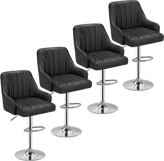 VECELO Barstools Set of 4, Counter Height Bar Stools Adjustable Stools with Back and Arm, Kitchen Island Stools Swivel Bar Chairs for Pub Dinning Room, Black