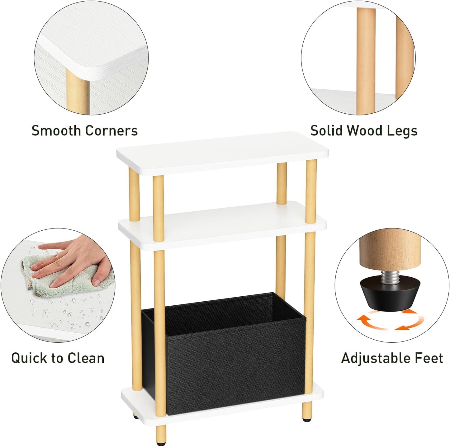 Narrow Side Table with Fabric Basket, 7" Wide, 3 Tier Skinny End Table with Wood Legs, Slim Nightstand/Bedside Table for Small Spaces, with Adjustable Feet, 15.7" L x 23" H