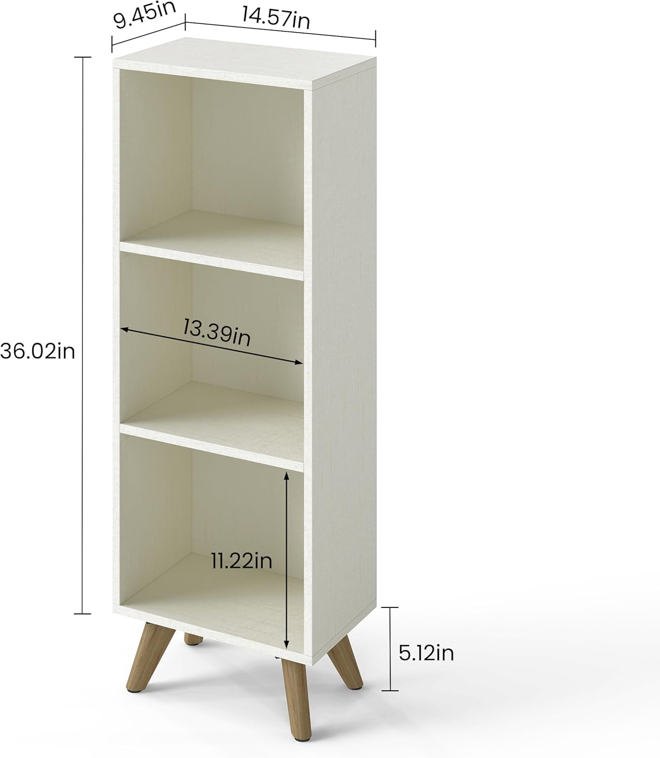 Manora Small Bookcase with 3 Open Shelves, Modern White Bookshelf with Wooden Legs, Narrow Storage Organizer for Living Room, Bedroom, Office