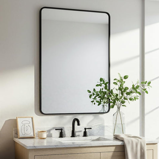 27"x40" Bathroom Wall Mirror with Matte Black Metal Frame & HD Glass, Copper-Free Mirrors Modern Rectangle Round Corner Framed Vanity Mirror - Horizontal or Vertical Installation