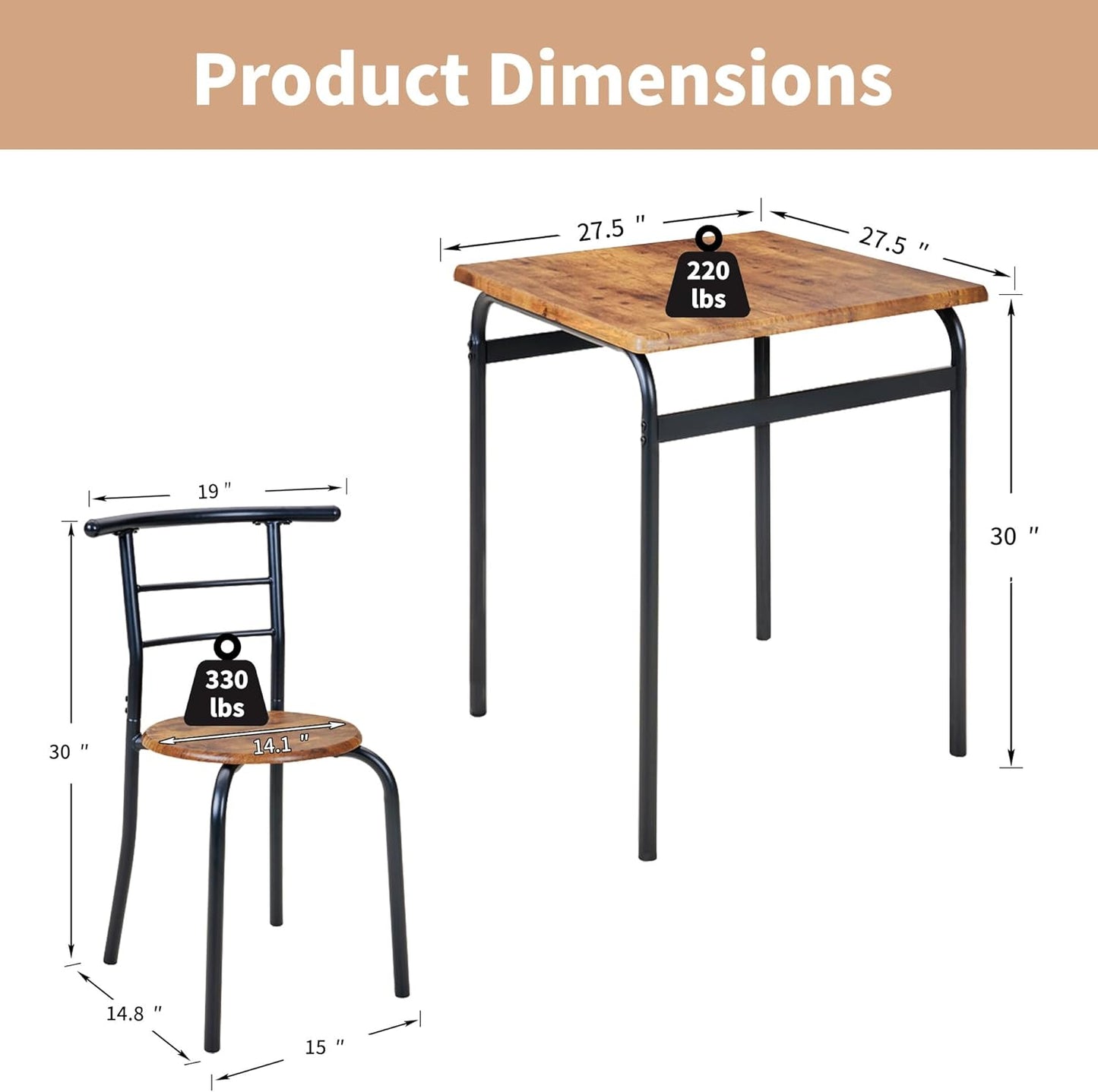 VECELO Dining Table Set for 2, 3-Piece Modern Dinette with Chairs for Small Space, Kitchen, Breakfast Nook, Brown