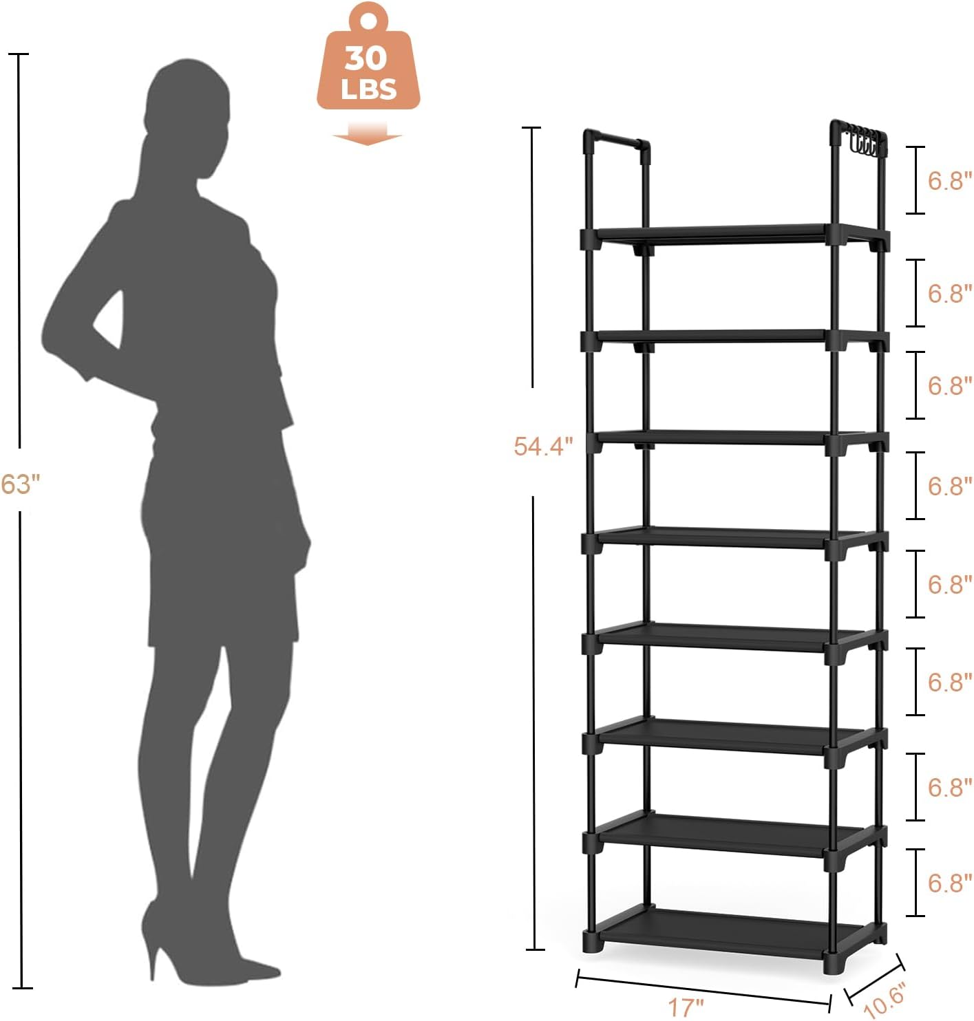 Tall Shoe Rack 8 Tiers, 16-20 Pairs Shoe and Boots Organizer Storage Sturdy Shoe Shelf, Narrow Vertical Shoe Rack for Entryway, Closet, Metal Shoe Organizer with 5 Hooks